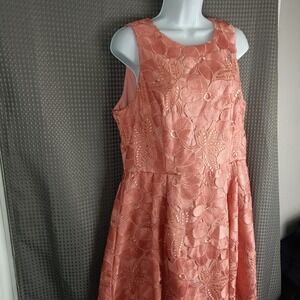 White House Black Market Dress Womens 14 Coral Lace Floral Fit &‎ Flare Lined